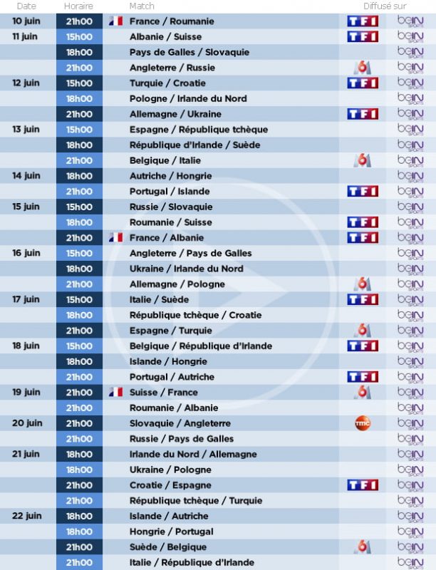 calendrier euro2016 2